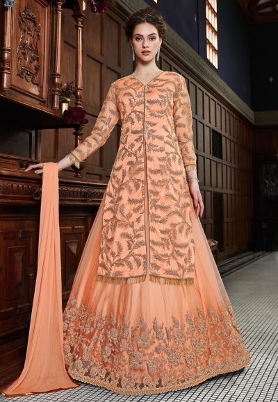 Peach net embroidered indo western lehenga choli  4536